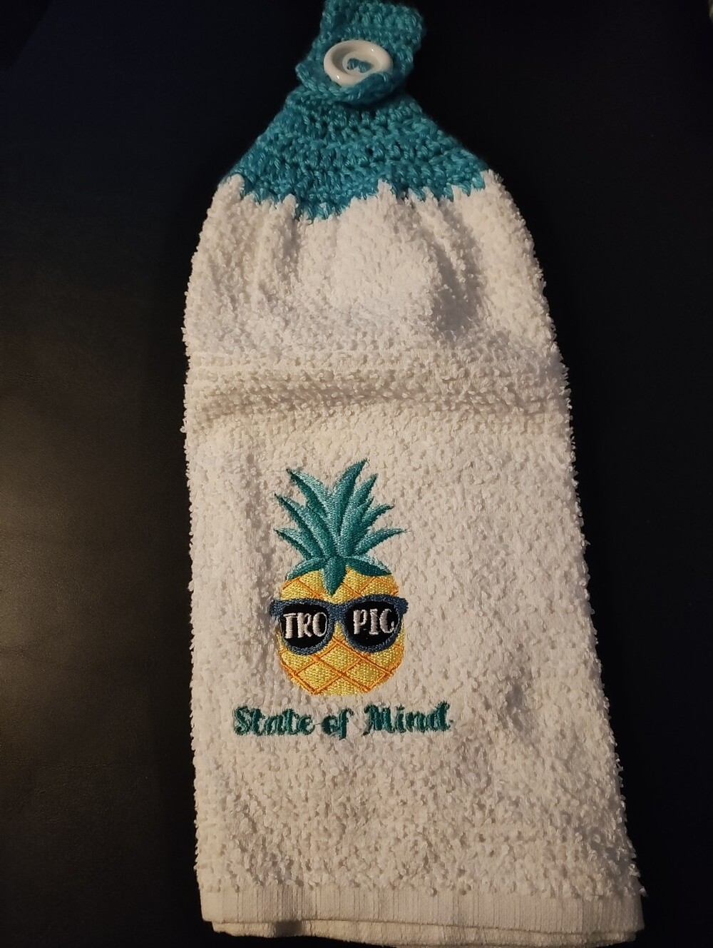 Handmade Tropical Pineapple Embroidered Hanging Kitchen Towel - Teal & Yellow